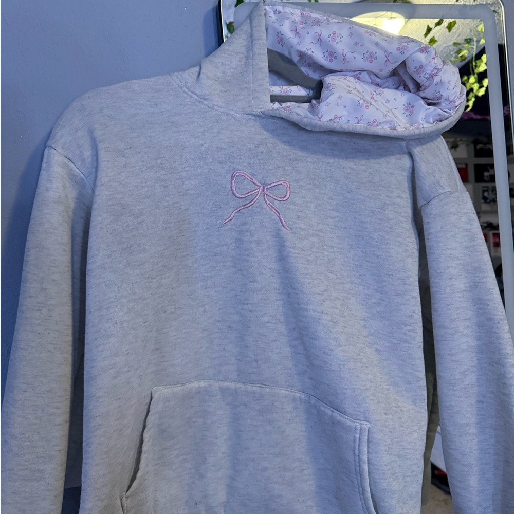 Gray Hoodie with Pink Bow Embroidery